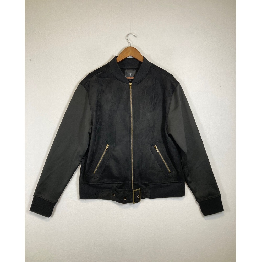 Edgy Chic Cohesive & Co‎ Women Large Black Faux Suede Belted Bomber Jacket Zip
